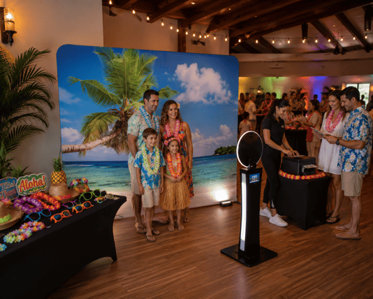 Open photo booth with backdrop and guests at an event