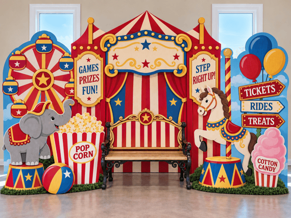 Fun Fair themed prop set and photo backdrop rental