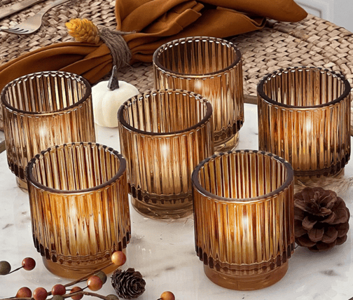 Amber Vintage Ribbed Glass Candle votives-set of candle holder rental
