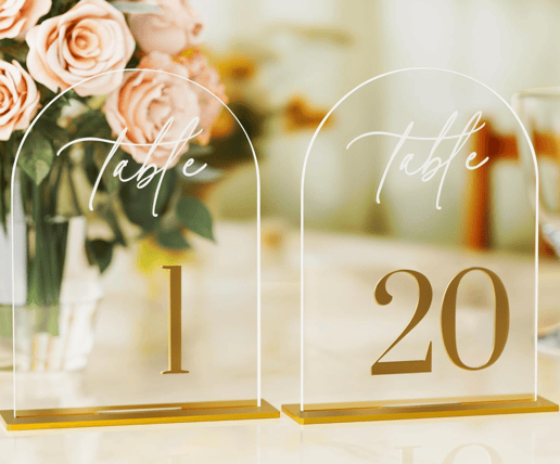 Arch Clear gold Table number signs - Set of signage rental