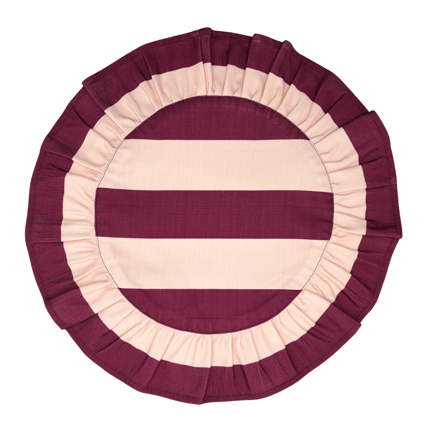 Handmade-Ruffled vino and blush striped placemat. 17" in diameter null dinnerware rental